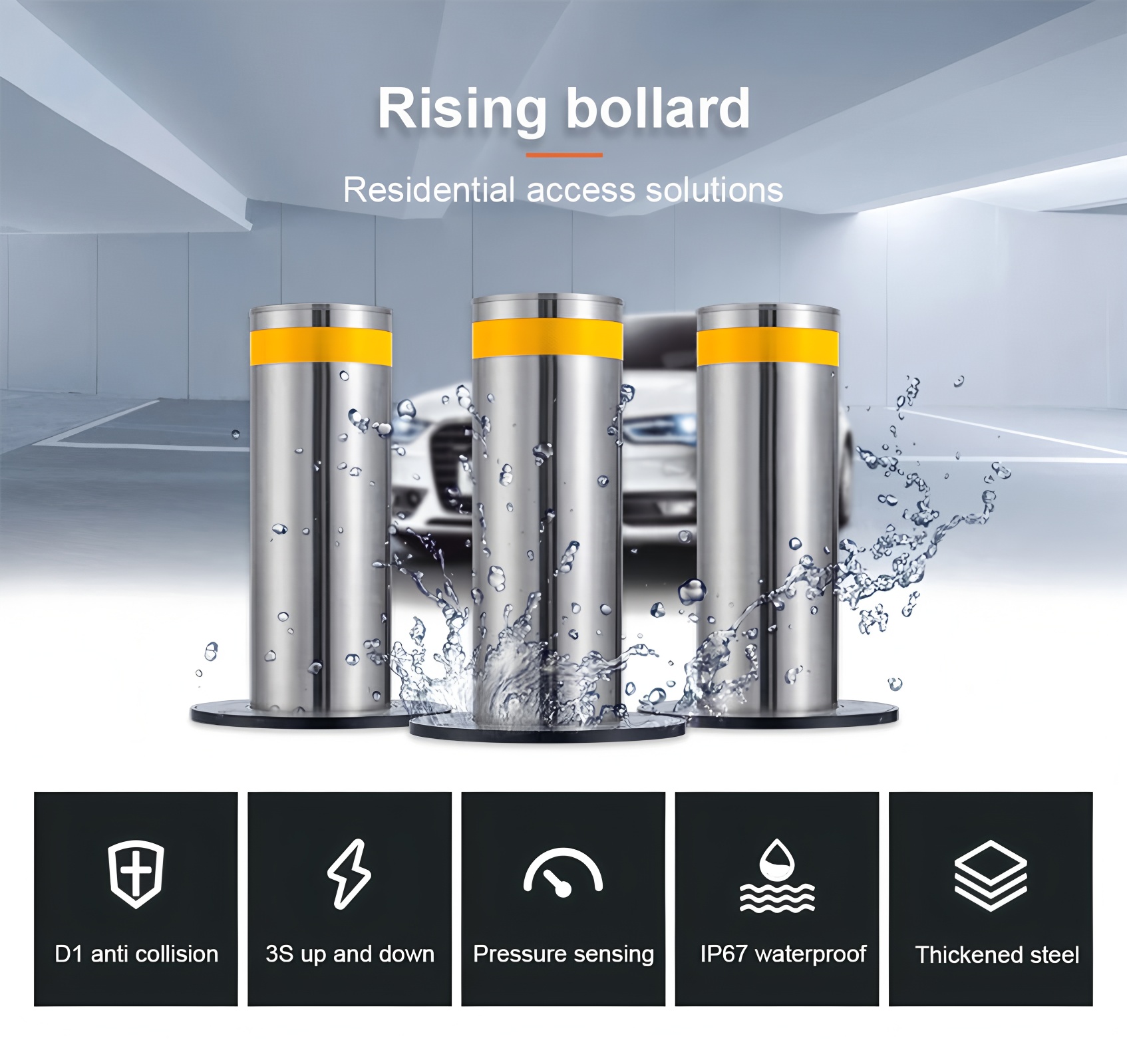 316 Stainless Steel Automatic Retractable Parking Bollards With Reflective Stripe